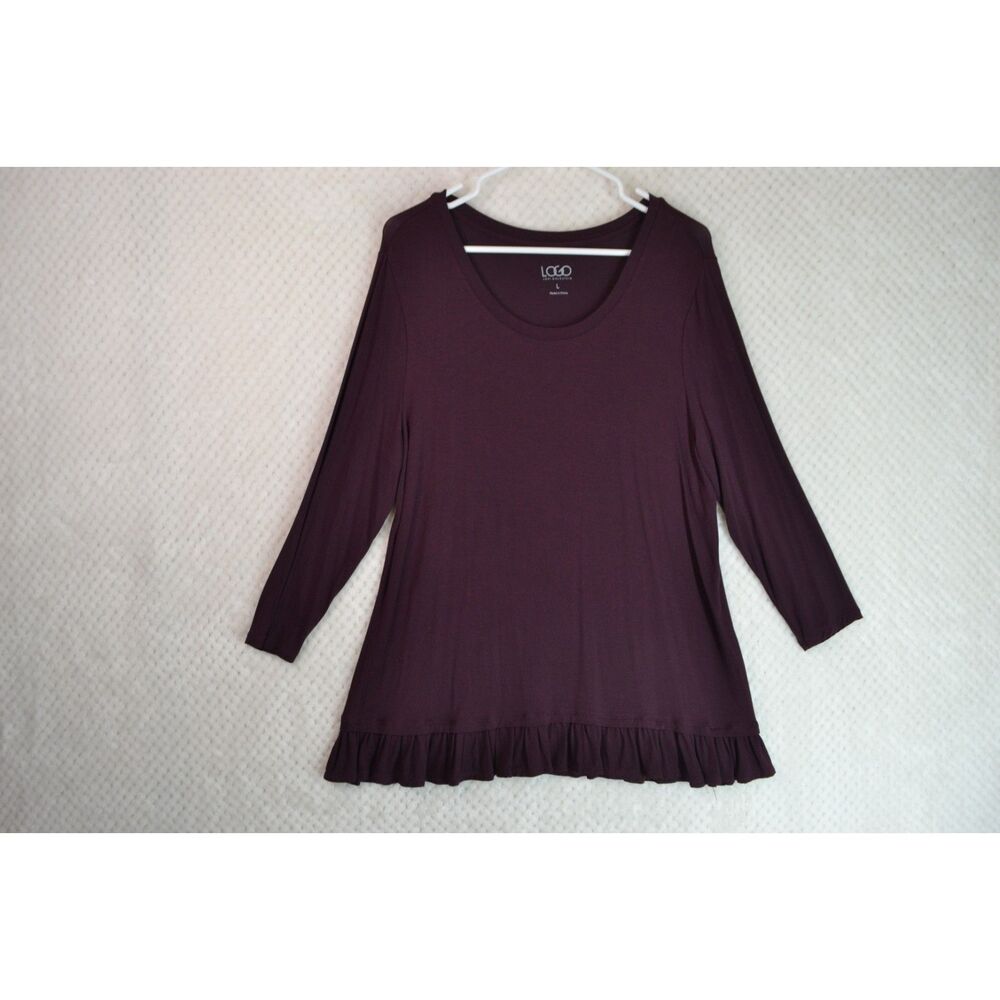 LOGO Lori Goldstein Women's Large Purple Silky 3/4 Sleeve Tunic